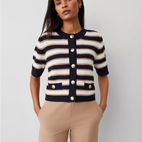 Ann Taylor Tops - Striped Navy and Cream Button-Up Sweater
